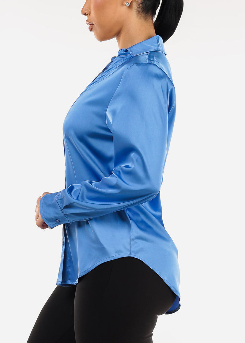 Satin Long Sleeve Button Down Collared Blouse Blue