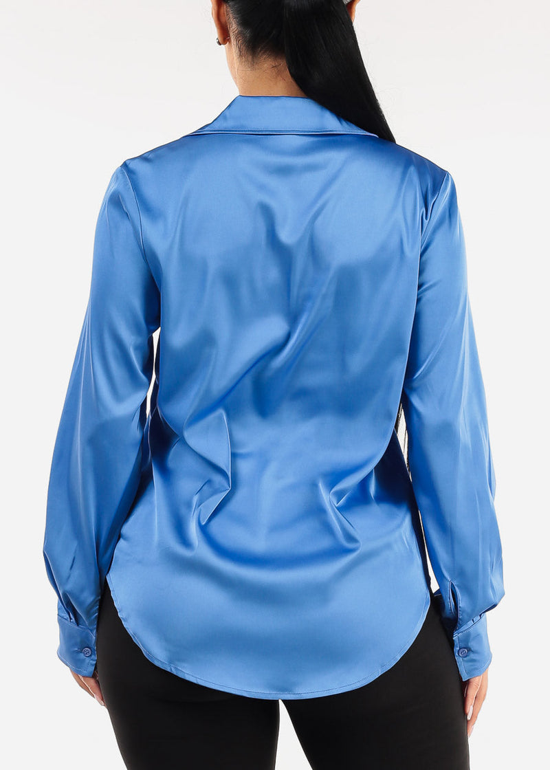 Satin Long Sleeve Button Down Collared Blouse Blue