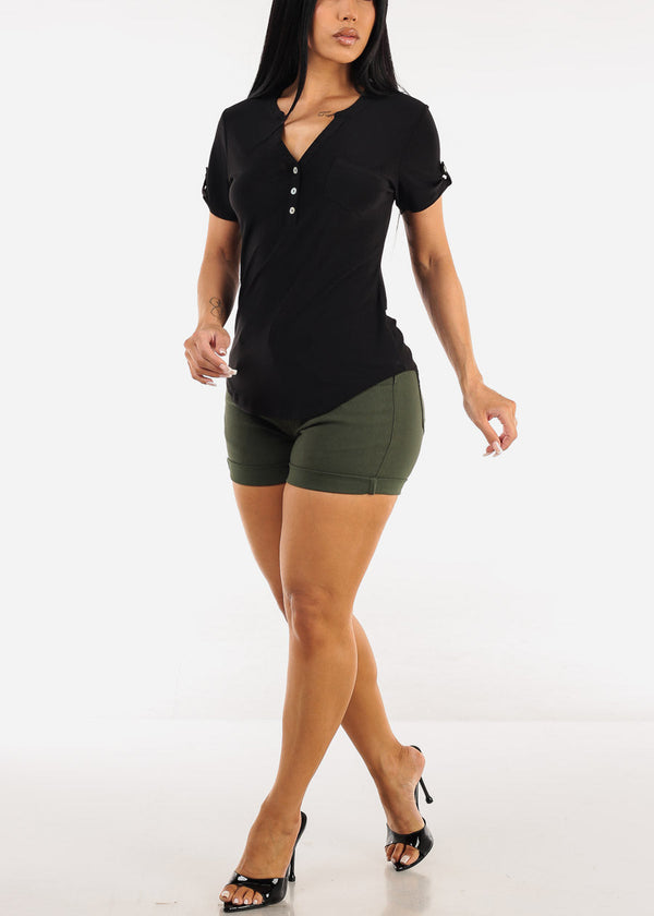 Short Sleeve Half Button Up Blouse Black