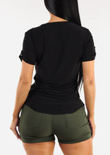 Short Sleeve Half Button Up Blouse Black