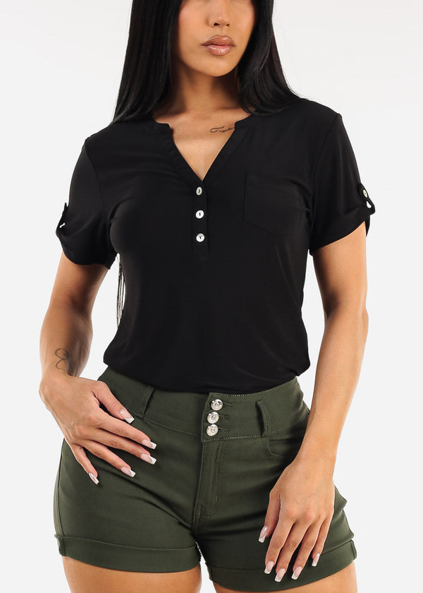 Short Sleeve Half Button Up Blouse Black