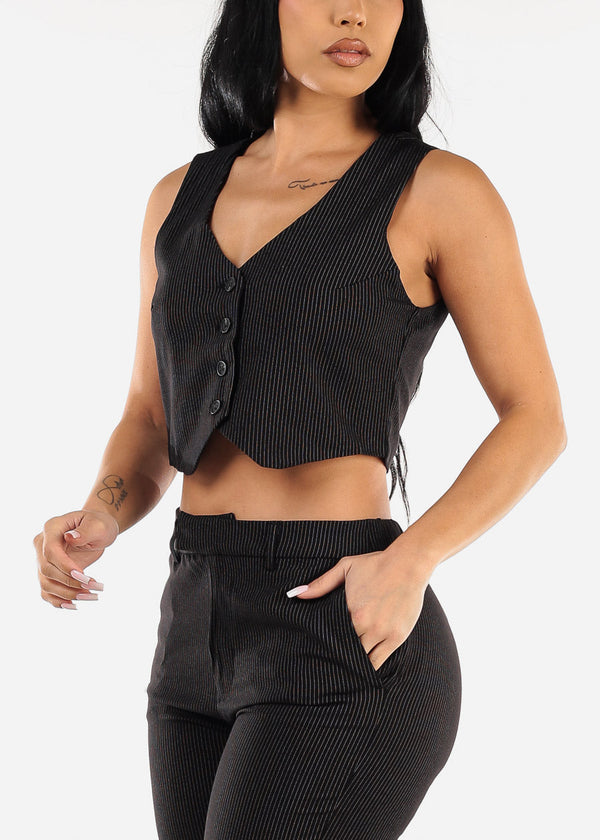 Sleeveless Button Up Stripe Vest Black