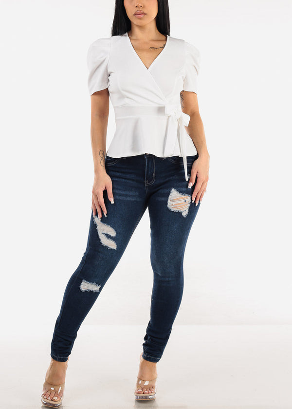 White Short Sleeve Surplice Peplum Blouse