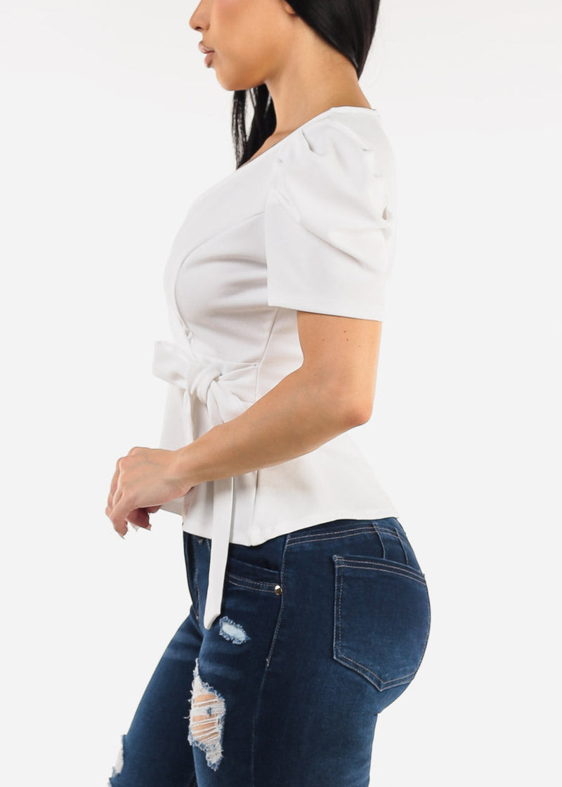 White Short Sleeve Surplice Peplum Blouse