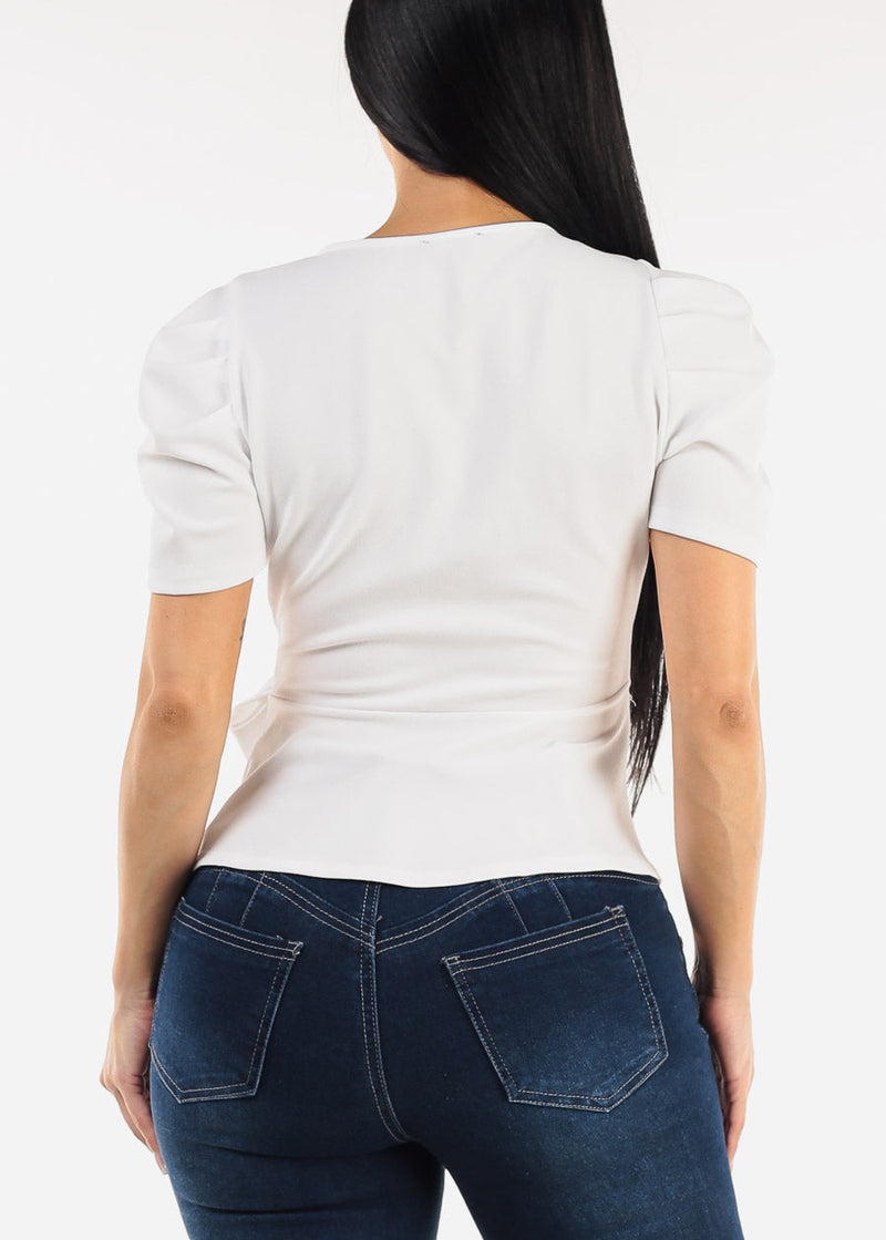 White Short Sleeve Surplice Peplum Blouse