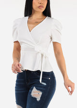 White Short Sleeve Surplice Peplum Blouse