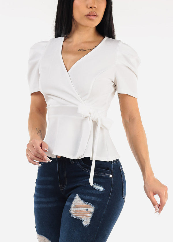 White Short Sleeve Surplice Peplum Blouse