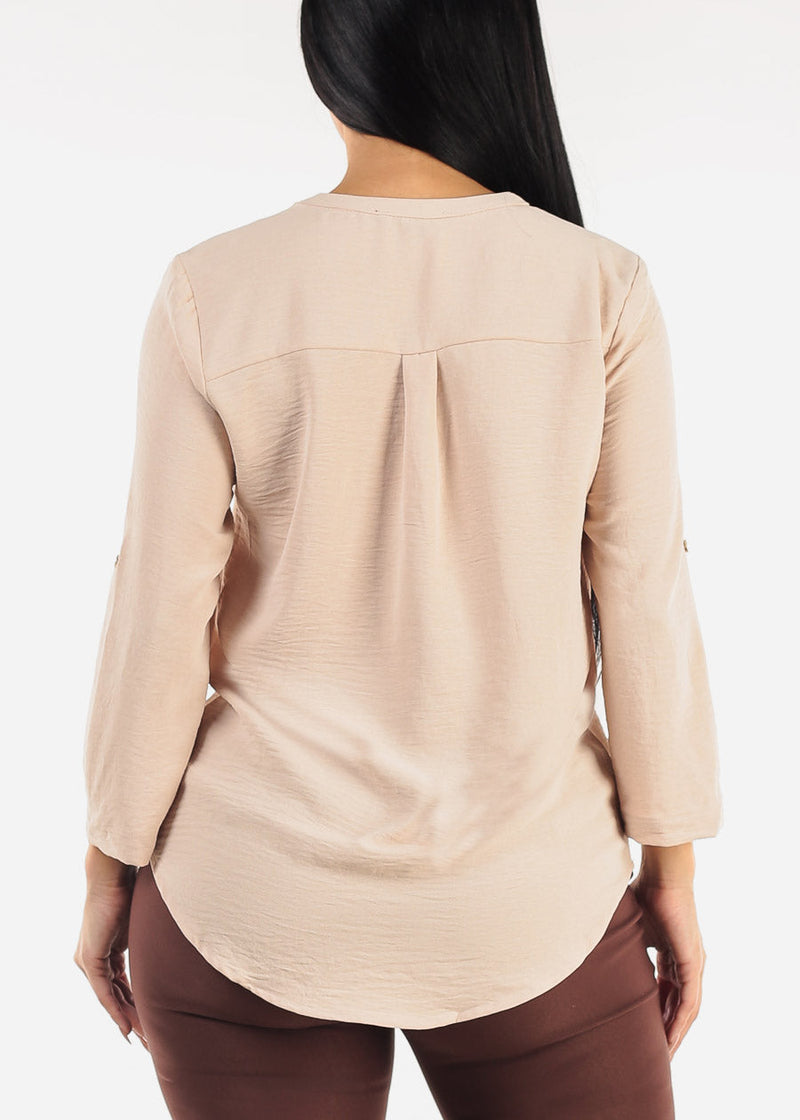 Quarter Sleeve Woven Blouse Beige