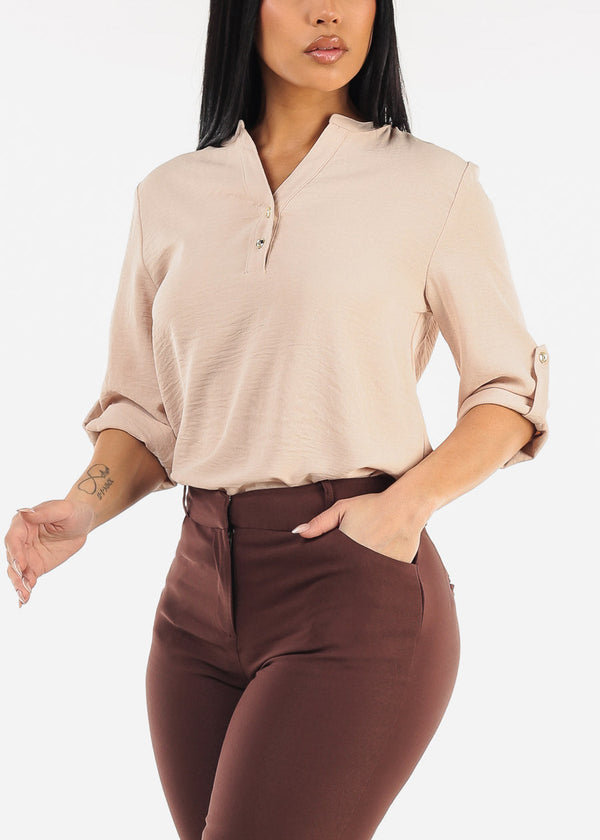 Quarter Sleeve Woven Blouse Beige