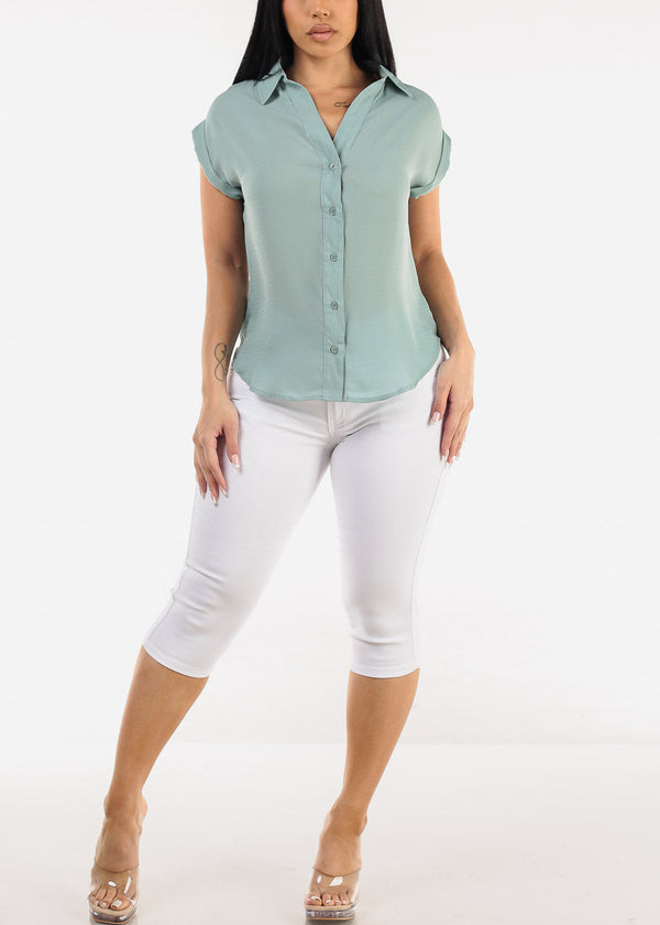 Casual Short Sleeve Button Up Shirt Sage