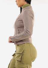 Zip Up Long Sleeve Suede Jacket Taupe