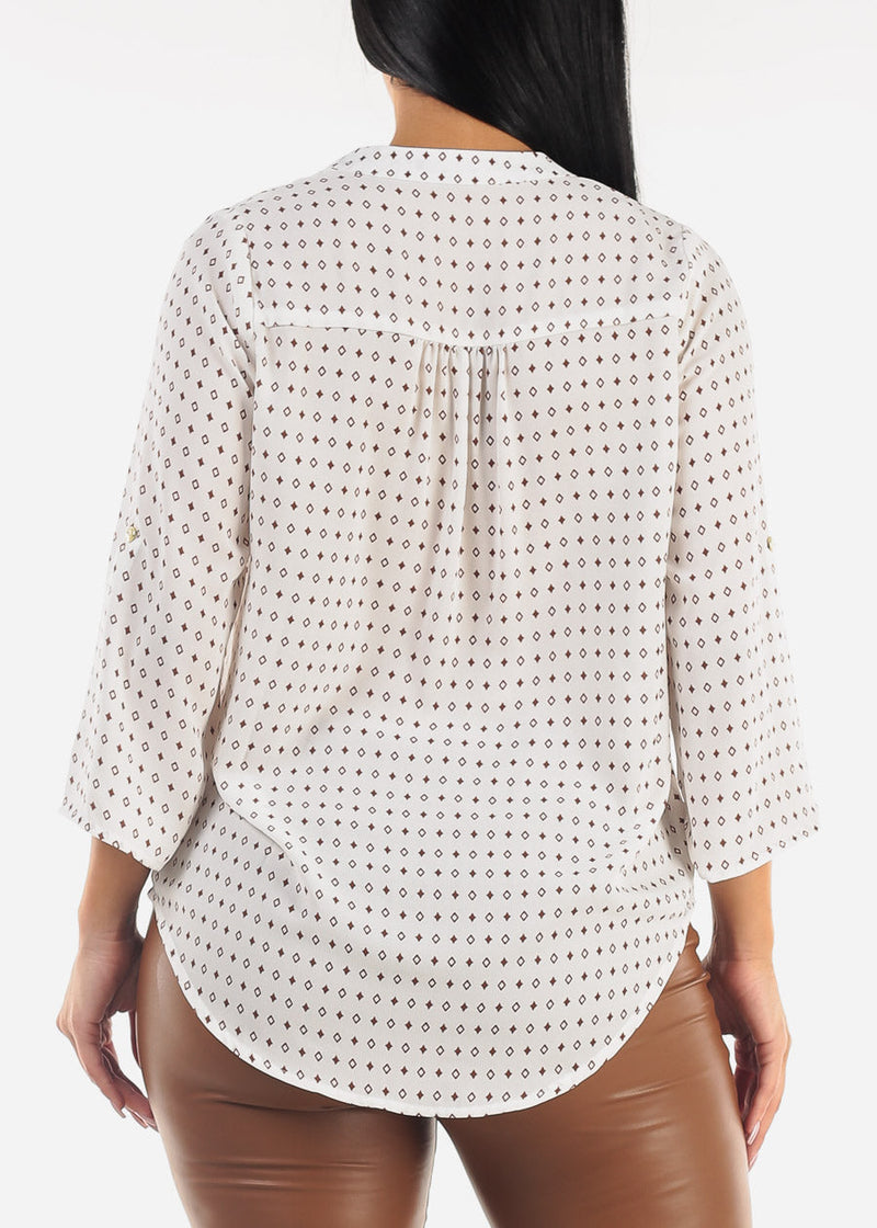 White V-Neck Quarter Sleeve Printed Blouse