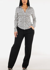 Button Down Ruched Printed Blouse Off White