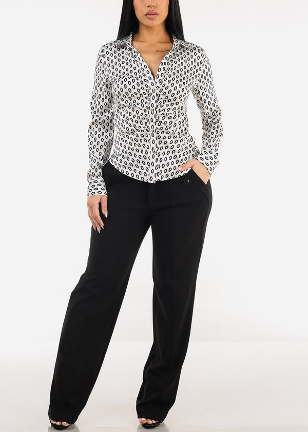Button Down Ruched Printed Blouse Off White