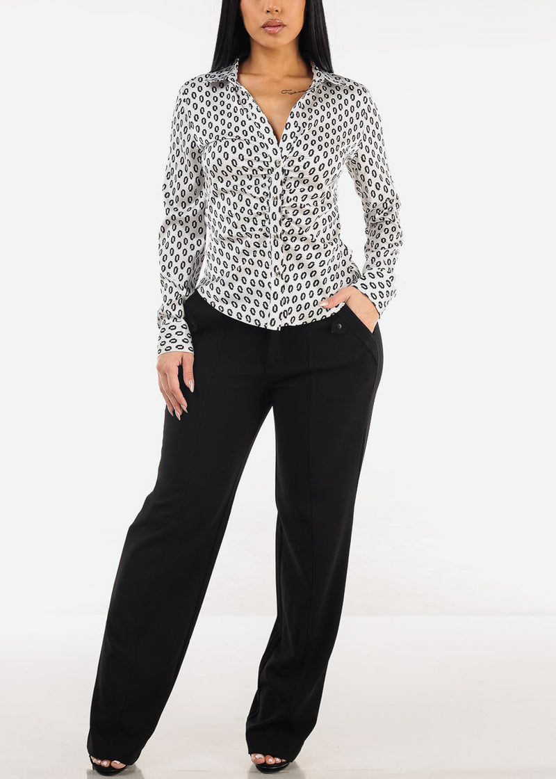 Button Down Ruched Printed Blouse Off White