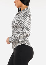 Button Down Ruched Printed Blouse Off White