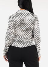 Button Down Ruched Printed Blouse Off White