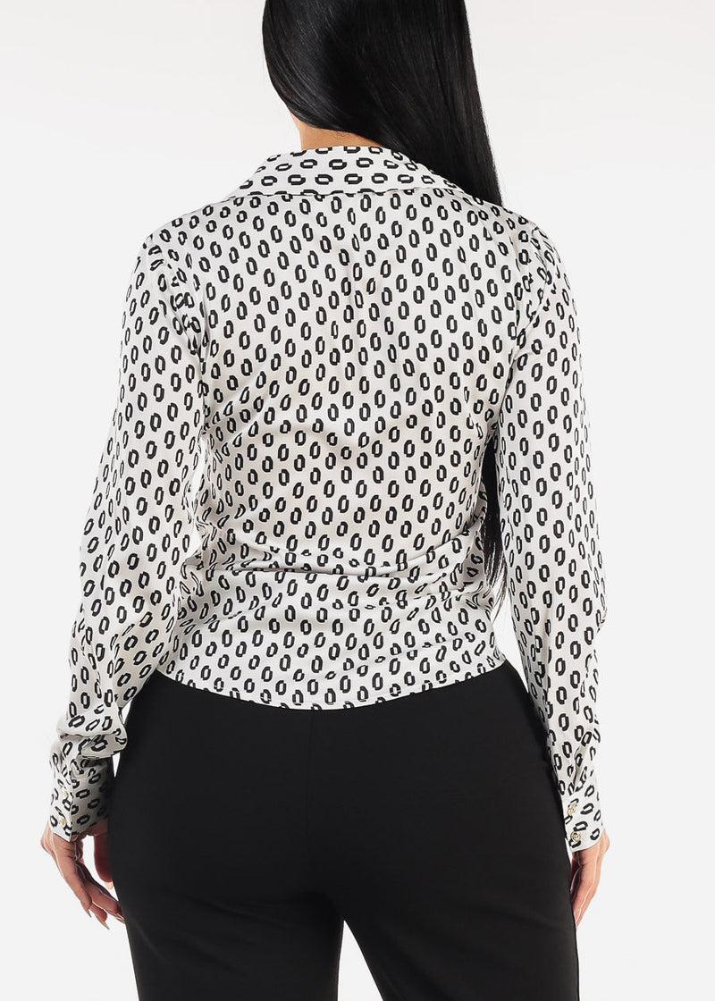 Button Down Ruched Printed Blouse Off White
