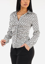 Button Down Ruched Printed Blouse Off White