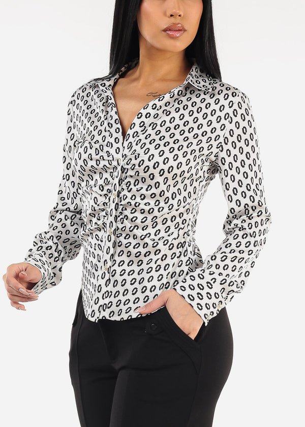 Button Down Ruched Printed Blouse Off White
