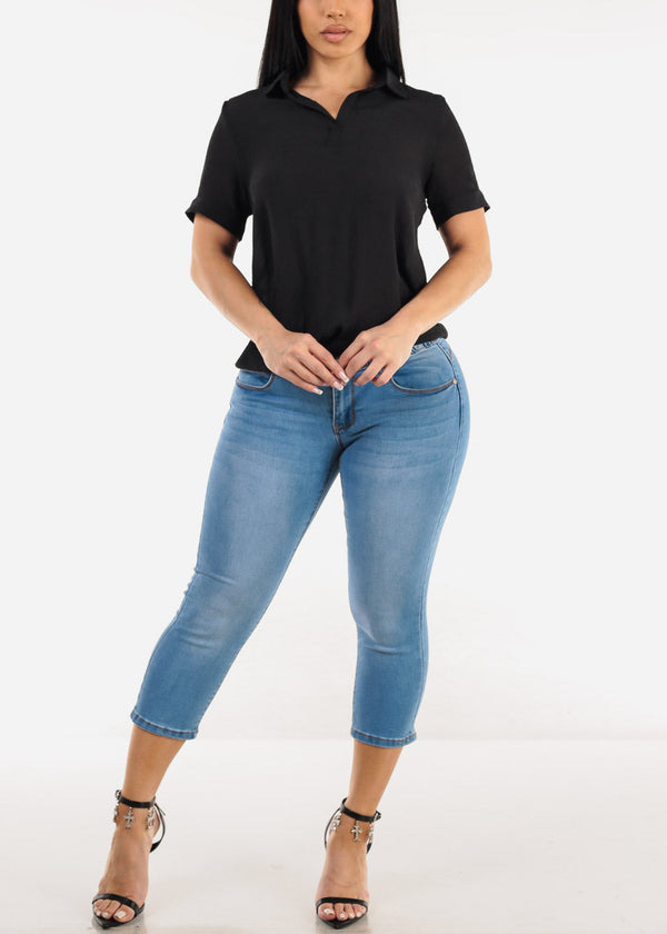Casual Short Sleeve High Low Collared Top Black