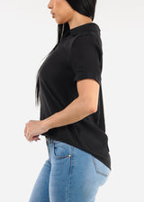 Casual Short Sleeve High Low Collared Top Black