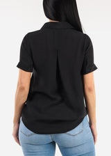 Casual Short Sleeve High Low Collared Top Black