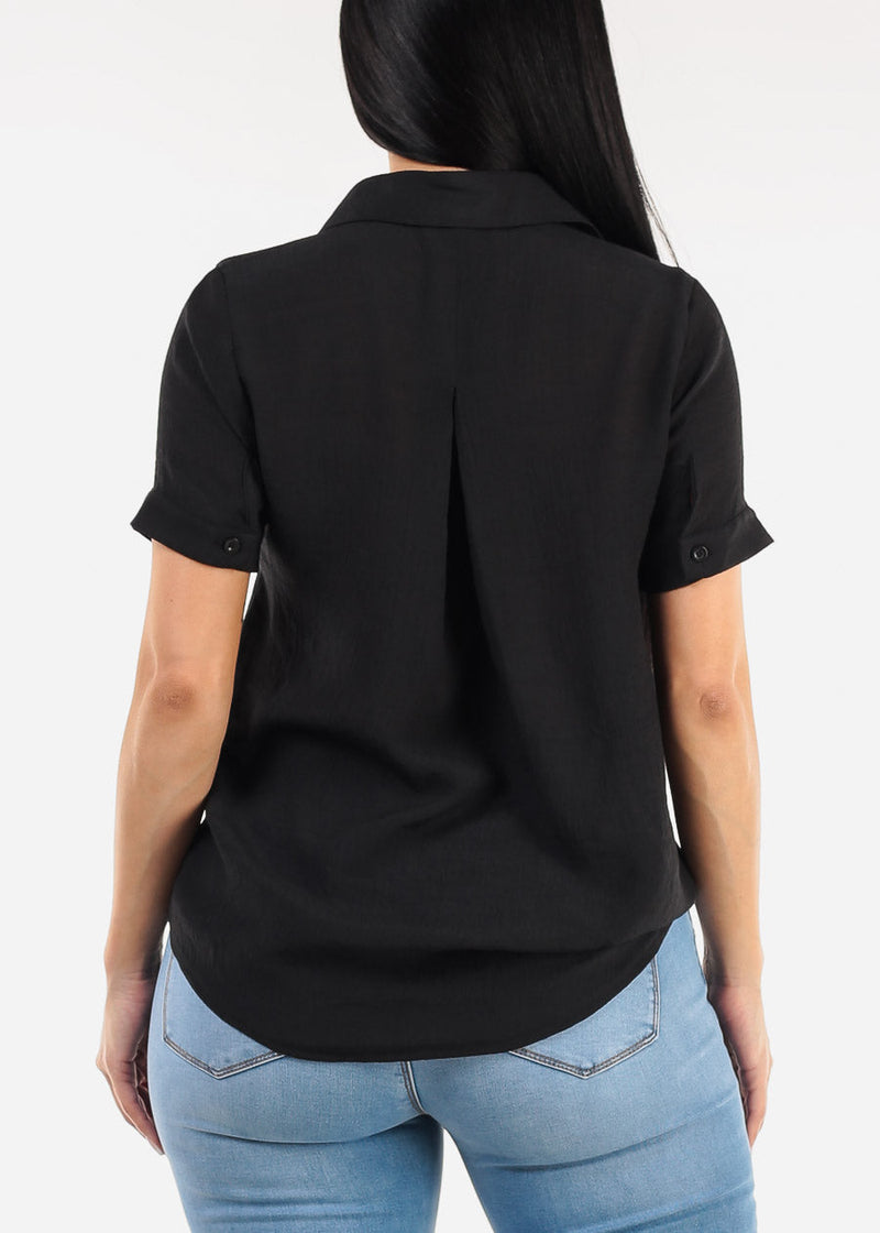 Casual Short Sleeve High Low Collared Top Black