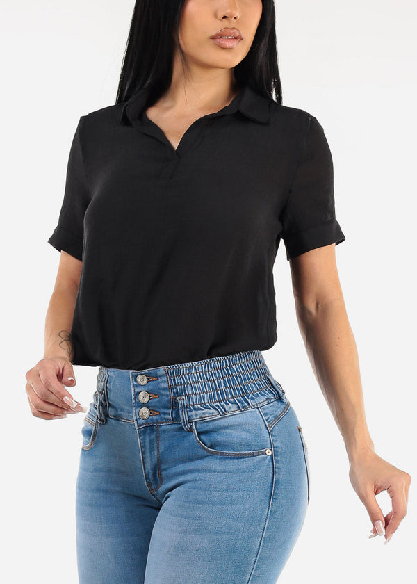 Casual Short Sleeve High Low Collared Top Black