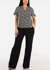 Short Sleeve V-Neck Printed Blouse Black