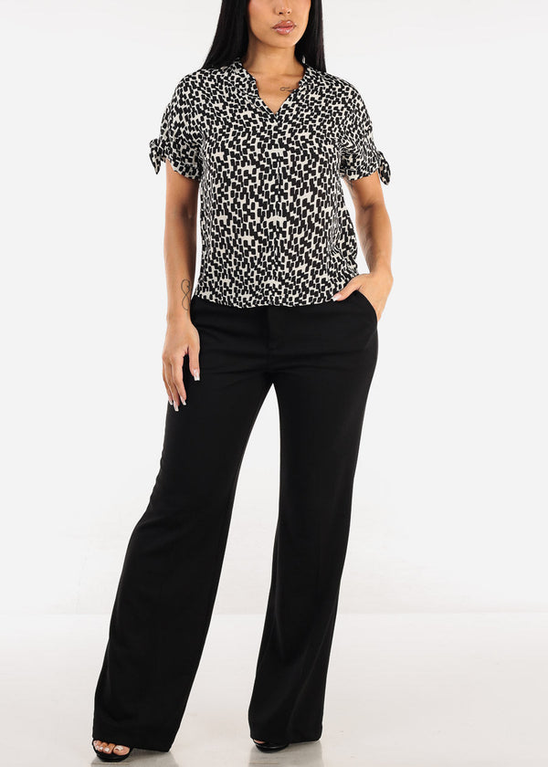 Short Sleeve V-Neck Printed Blouse Black