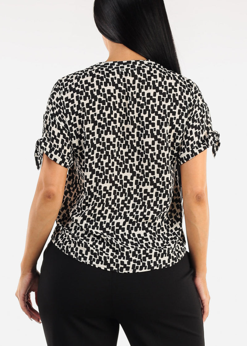 Short Sleeve V-Neck Printed Blouse Black