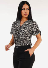 Short Sleeve V-Neck Printed Blouse Black