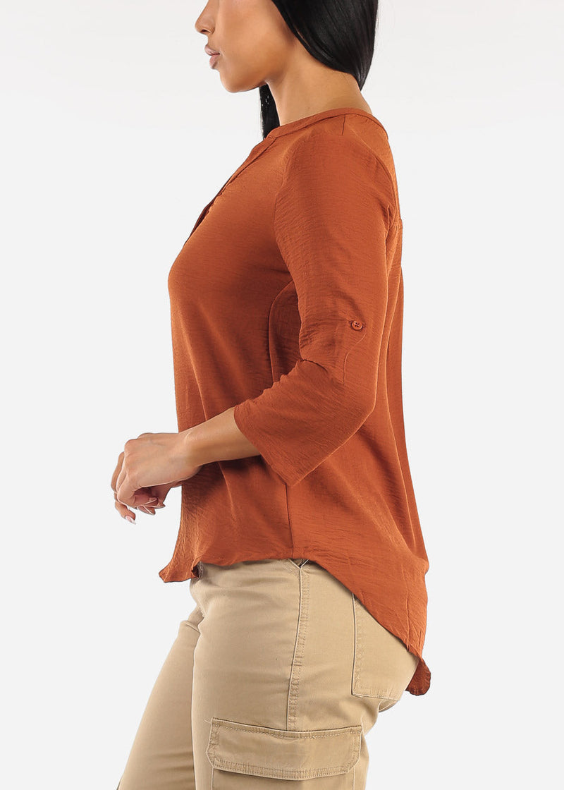 Quarter Sleeve Woven Blouse Rust