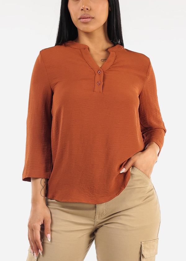 Quarter Sleeve Woven Blouse Rust