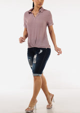 Casual Short Sleeve High Low Collared Top Light Mauve