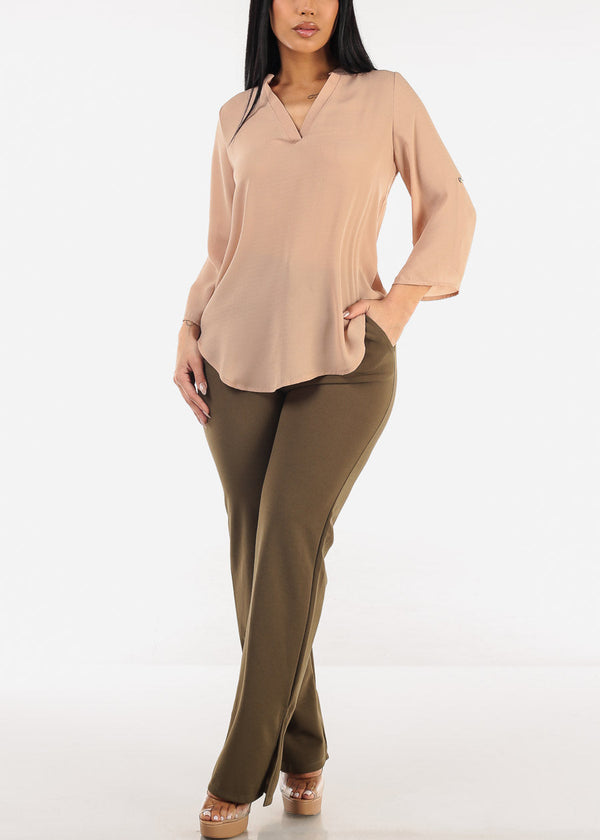 Quarter Sleeve V-Neck Blouse Beige