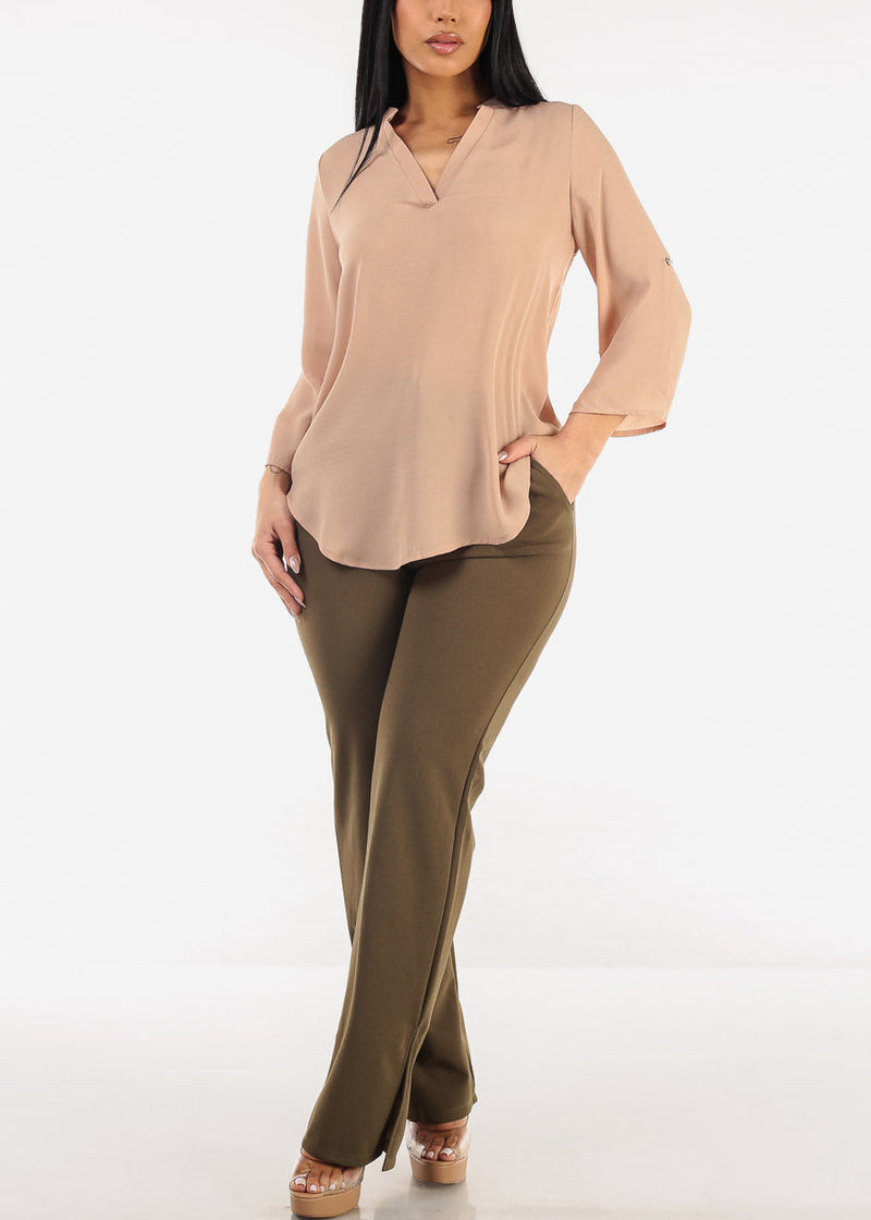 Quarter Sleeve V-Neck Blouse Beige