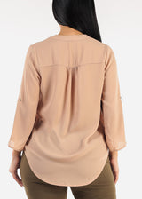 Quarter Sleeve V-Neck Blouse Beige