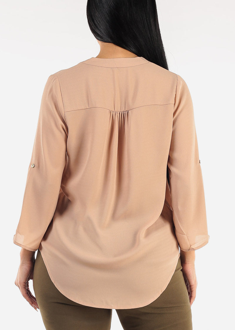 Quarter Sleeve V-Neck Blouse Beige