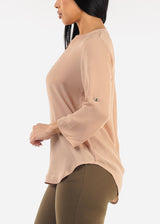 Quarter Sleeve V-Neck Blouse Beige
