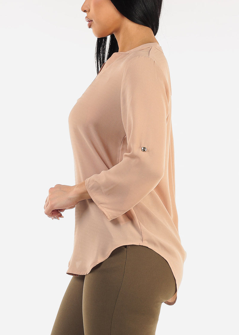 Quarter Sleeve V-Neck Blouse Beige