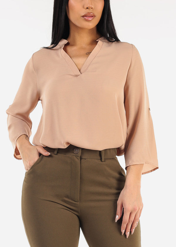 Quarter Sleeve V-Neck Blouse Beige