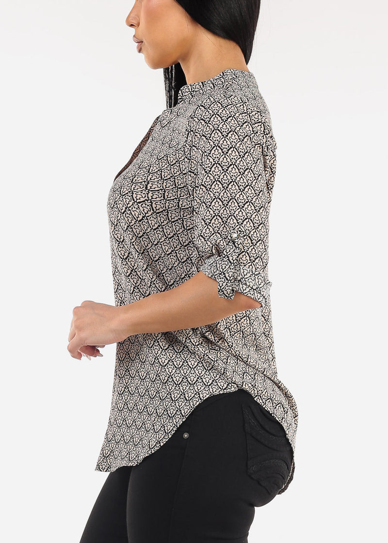 Quarter Sleeve V-Neck Printed Blouse Black