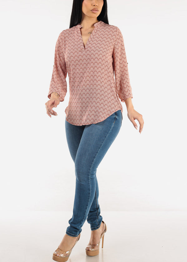 Quarter Sleeve V-Neck Printed Blouse Rust