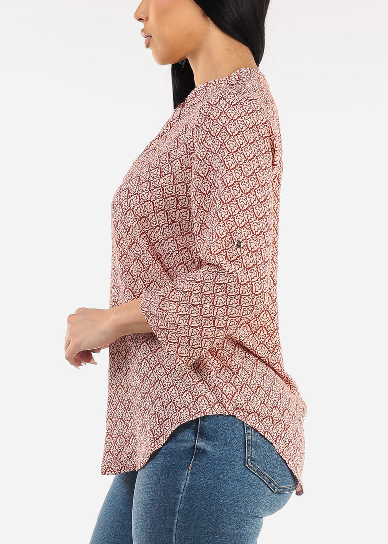 Quarter Sleeve V-Neck Printed Blouse Rust