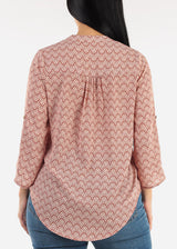 Quarter Sleeve V-Neck Printed Blouse Rust