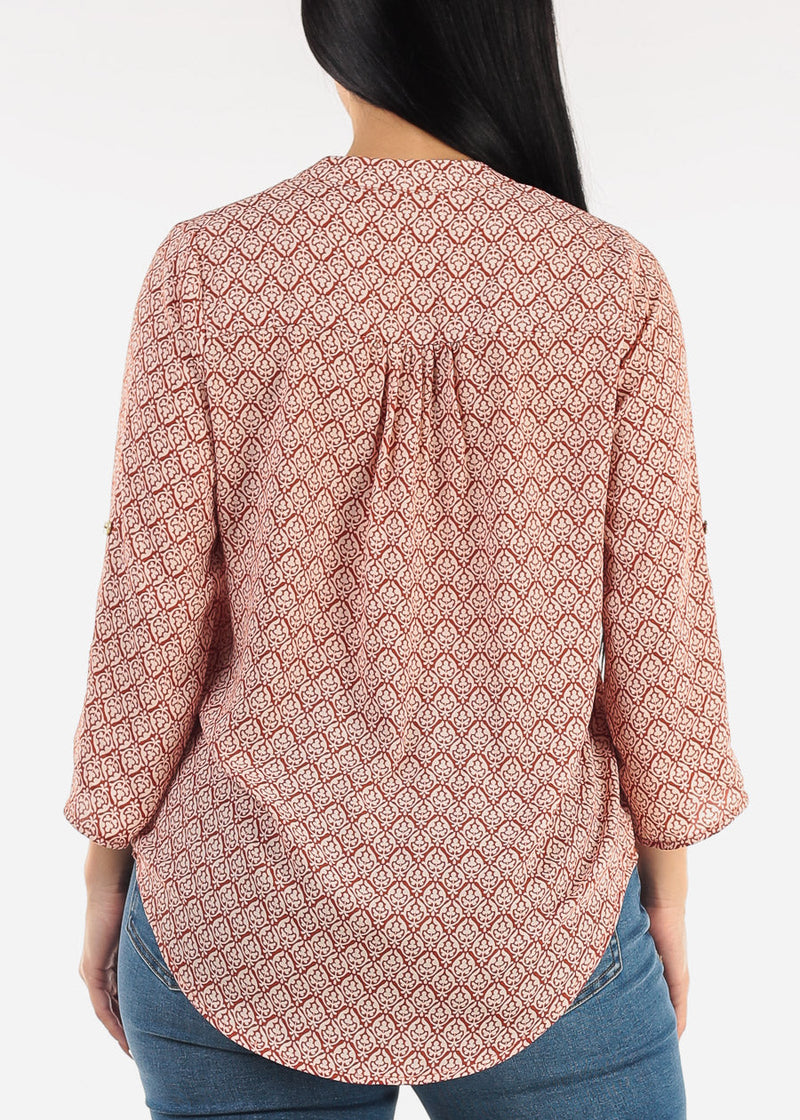 Quarter Sleeve V-Neck Printed Blouse Rust
