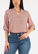 Quarter Sleeve V-Neck Printed Blouse Rust