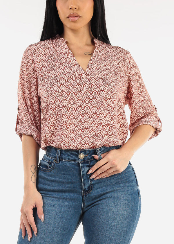 Quarter Sleeve V-Neck Printed Blouse Rust